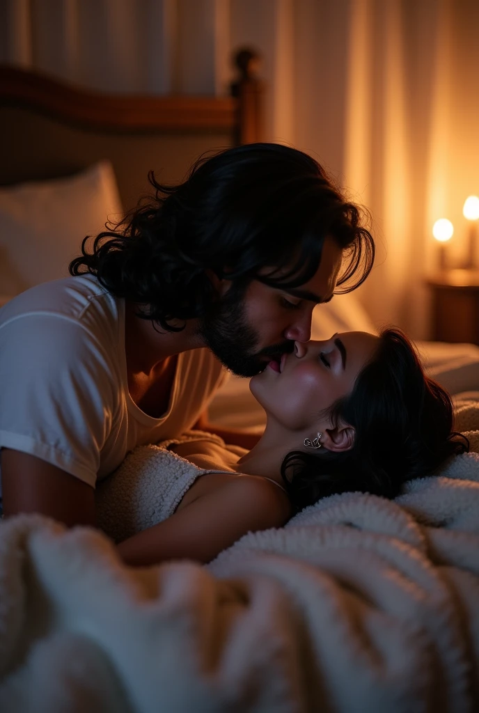 Create a man and a woman giving each other a Spiderman-style kiss, in which the girl is lying in bed and the boy kisses her upside down., That is to say, the boy's nose is on the girl's chin., The man has a not very long black beard, thick eyebrows and long black hair, The girl is black-haired and has her hair up., She is a little fat and they are both on a bed