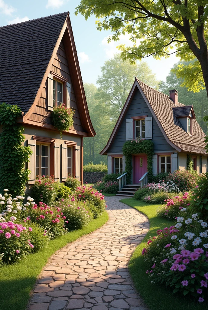Two separate house a walkway the details with flower tree and very province