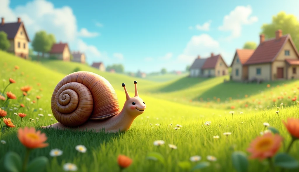 A peaceful village nestled in vibrant green meadows, with a small, humble snail named Sammy in the foreground..smiling , his shell glistening softly in the sunlight."