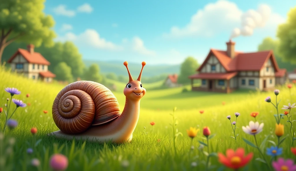 A peaceful village nestled in vibrant green meadows, with a small, humble snail named Sammy in the foreground..smiling , his shell glistening softly in the sunlight."