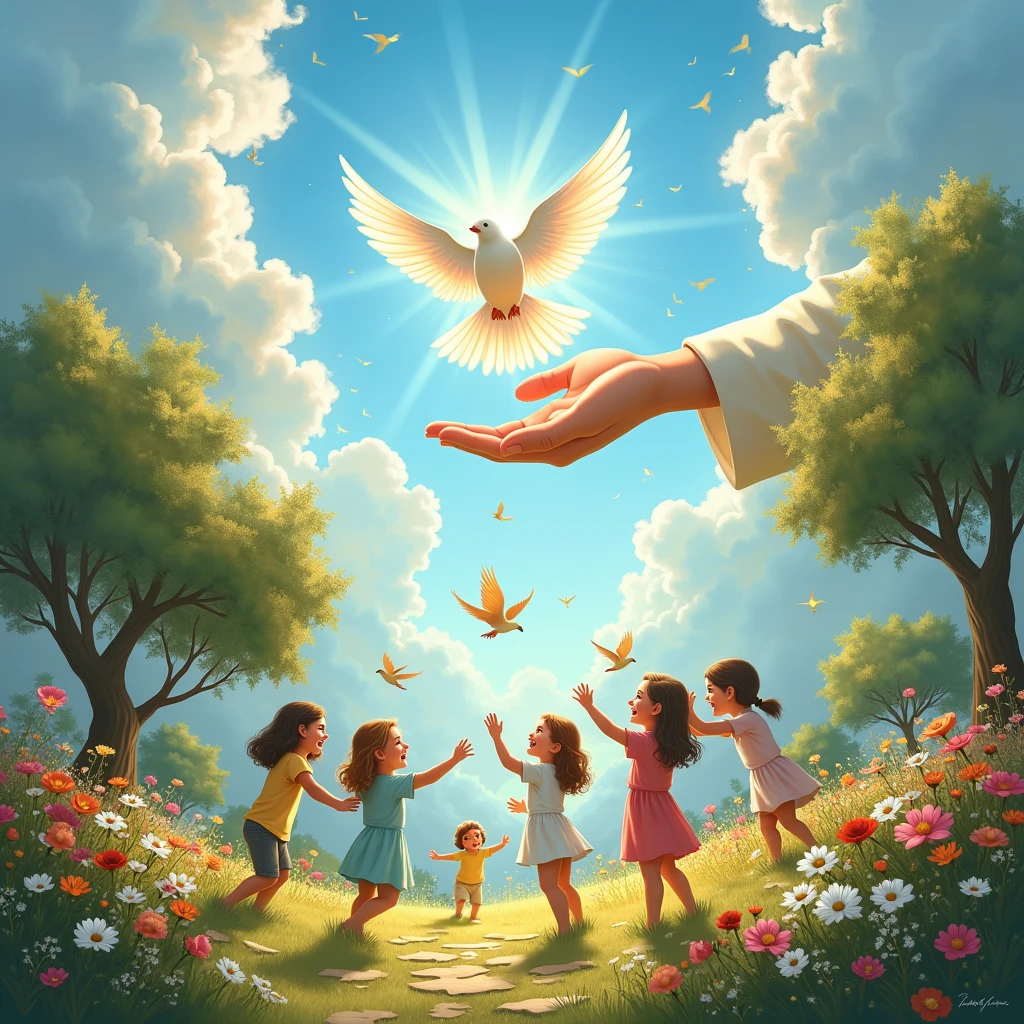 Friend Holy Spirit descending from heaven like a dove. Hand of God extended to guard children flowering garden with trees and birds blue sky with beautiful white clouds 