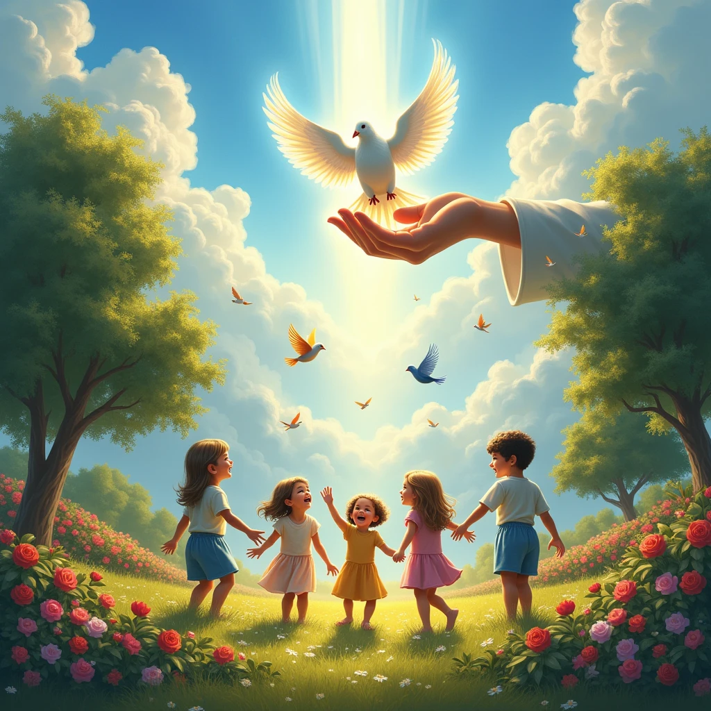 Friend Holy Spirit descending from heaven like a dove. Hand of God extended to guard children flowering garden with trees and birds blue sky with beautiful white clouds