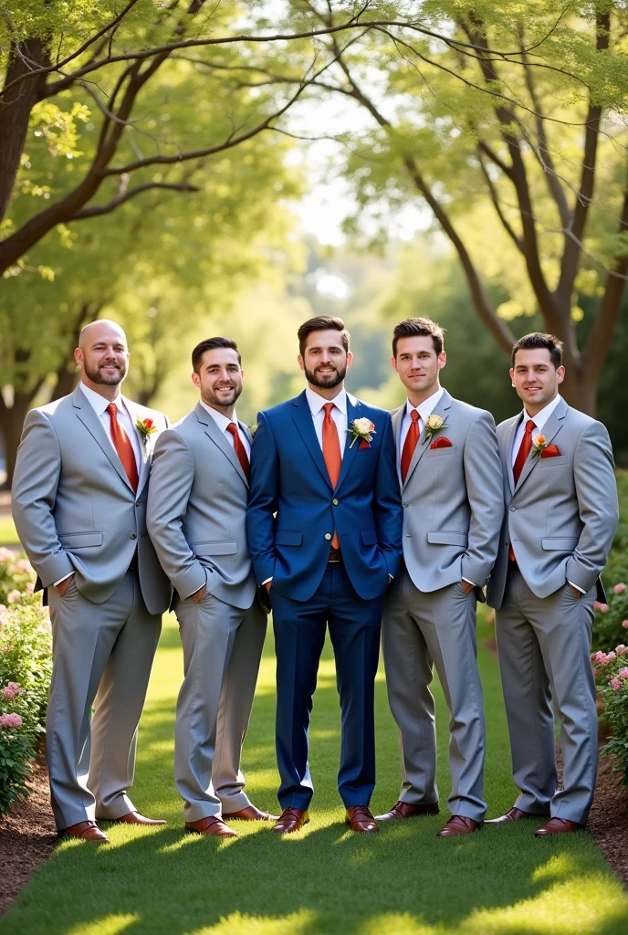 6 groomsmen in light gray suits and terracotta-colored ties and the groom in blue suit in the middle