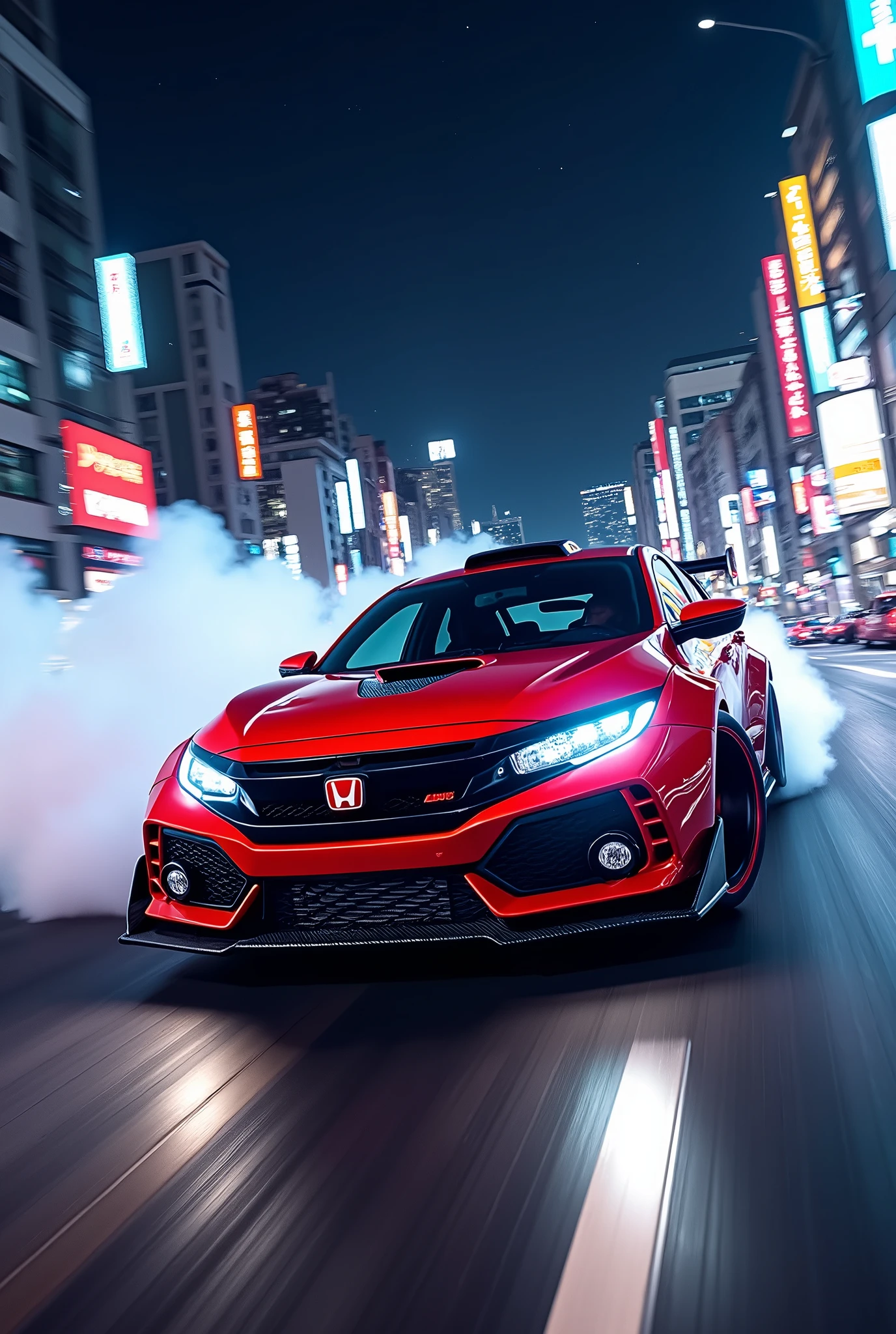 (photorealism:1.2), the civicferio type(glossy red)(mugen modified), (random angle view) at nights in tokyo city, very detailed carbon parts, smokes near the tire just like drifting, car lights is on.