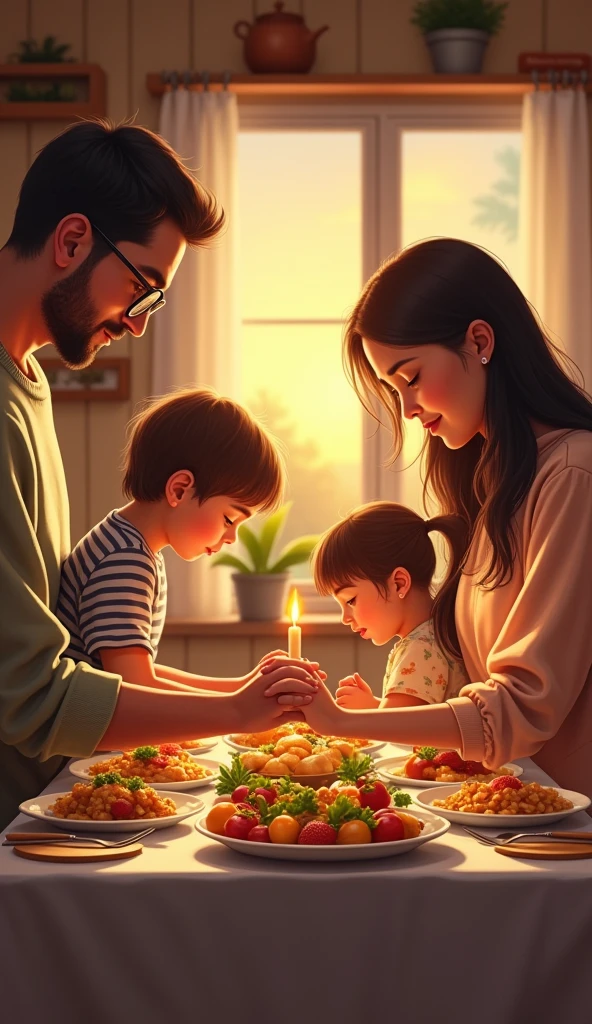 Make me a picture of a family of 2 adults and 2 children praying before eating
