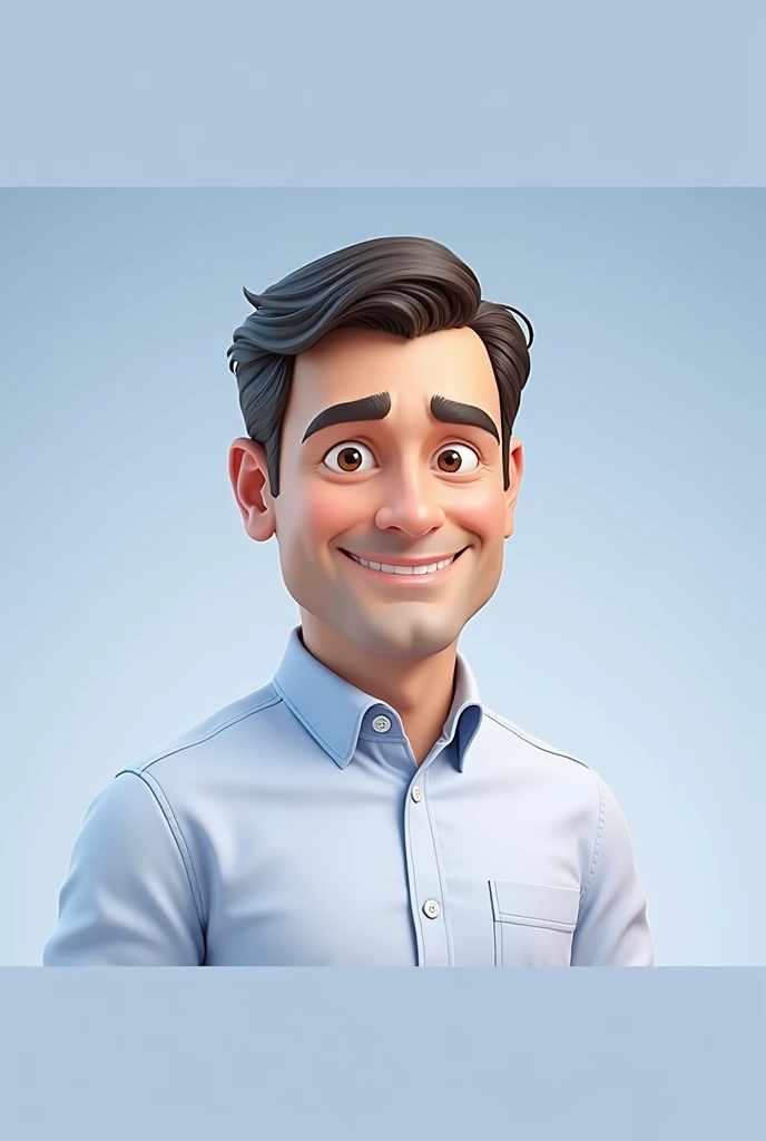 Cartoon character of a man blue shirt, 45 years old adult, an animated character, stylized character, animation style rendering, 3d stylized, controlled smile, calm and serene expression, conveying neutrality and professionalism.
