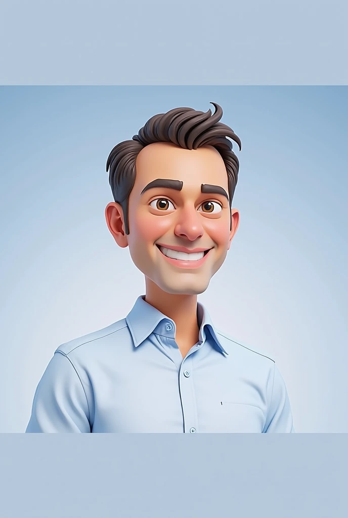 Cartoon character of a man blue shirt, 45 years old adult, an animated character, stylized character, animation style rendering, 3d stylized, controlled smile, calm and serene expression, conveying neutrality and professionalism.