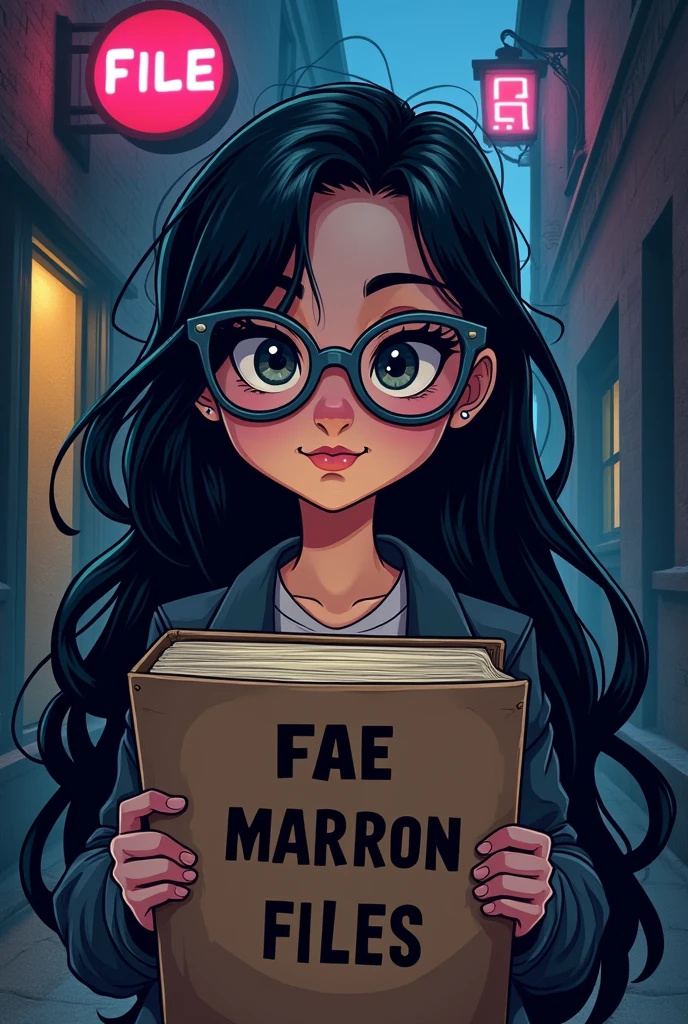 A girl with long dark hair, grey glasses, cool skintone, dark eyes hold a brown file and the file has 'Fae Marron Files' on it. Make it cartoonish theme. Crime and dark background