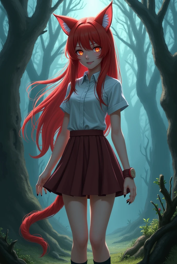 Lyra Appearance:
hair: Red and long.
eyes: Felines, often covered or shaded by their hair.
Beast Features: Retractable claws and fangs.
CLOTHES (Human faction): mini skirt, white short sleeve button down shirt, socks and slippers, Schoolgirl style with touches of dressed girl.
Alternates between primitive nature and civilized behavior Soulslike video game style l