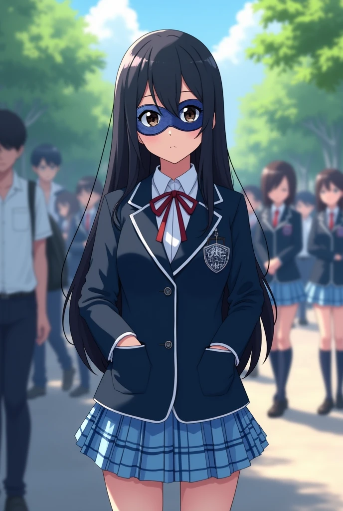 Black-haired Japanese high school girl。
The uniform is a blazer and the top is navy blue, giving it a realistic, photo-like feel.。
The skirt is light blue and navy checkered.。
The length of the skirt is a little short. The length of the hair is long enough to reach the waist. The bangs are long enough to cover the eyebrows. The composition is such that everyone's faces can be seen. She is wearing a mask with an interesting design.。
Photo Photo Photo Photo Photo Photo Photo