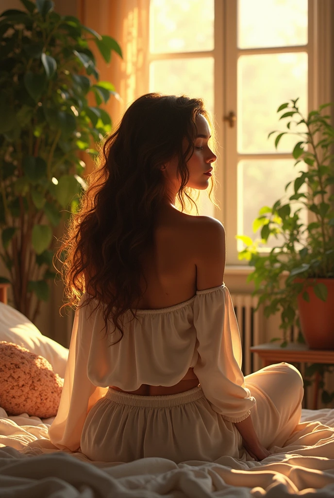 (photorealism:1.2), beautiful woman, sitting on bed, wearing loose off-shoulder top, pajama pants, long curly hair, indoors, soft lighting, plants in background, window with sunlight, cozy room, relaxed pose, realistic, intricate details, warm colors, by Greg Rutkowski, by Alphonse Mucha