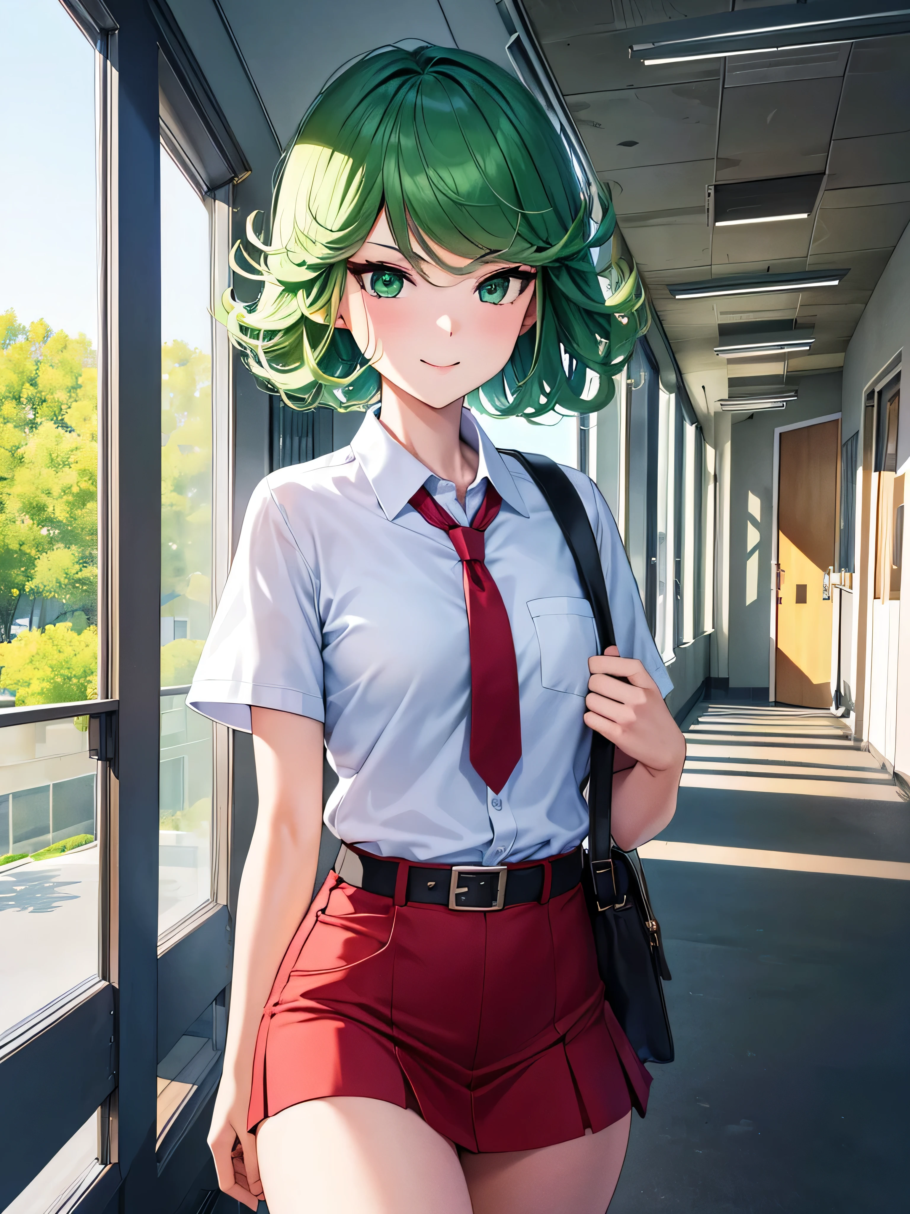 (high res, 8K, masterpiece, looking at viewer, best quality, very aesthetic, ultra detailed, ultra background, ultra Eyes) intricate details, 1girl, Tatsumaki, Chibi, Selfies, Green Short Hair, Green Eyes, short sleeved white shirt, Smile Face, pocket on left chest, wearing a red tie, red short skirt, wear a belt, wearing a school bag, walking in the school hallway, Background school hallway, School, Cinematic Angle