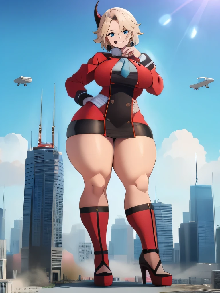 GTS, giantess, curvy, busty, grin, evil, thick thighs, full body shot, aerial view