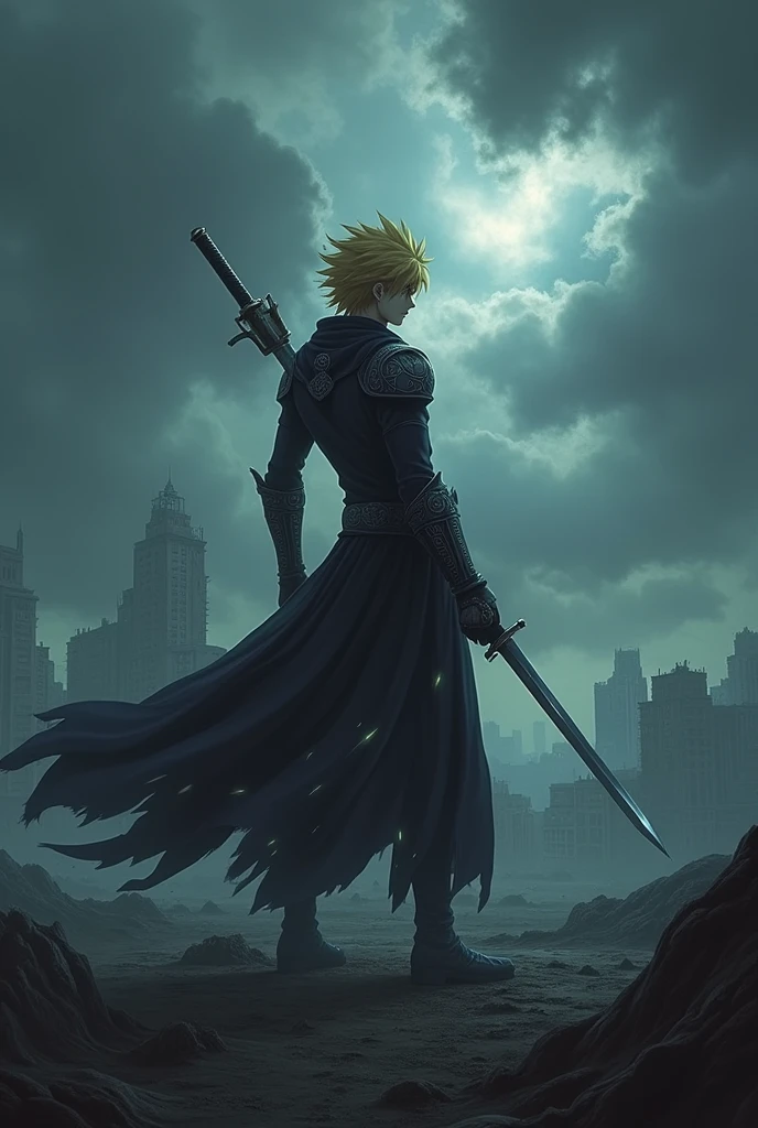 Descriptive Art: Hiro is in a dynamic pose, with his sword raised and his gaze focused on the horizon. The background features a landscape of a city on the edge of a devastated field, with heavy clouds and a gloomy aura that highlights the atmosphere of desolation.
The runes on his armor are visible and glow with a faint light., contrasting with the surrounding darkness, make a sword more like ichigo from bleach, He's a hero