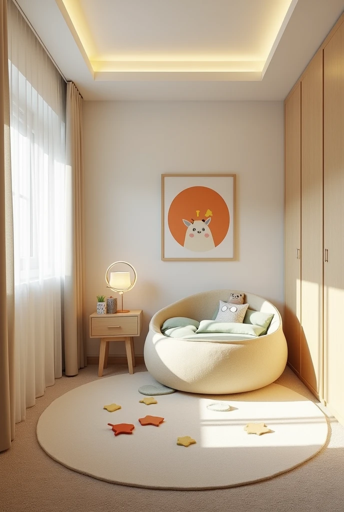 Professional 3d architecture rendering design of modern and light moss and so light Thunder and light cream and light orange and wooden Modern and minimal design for chid bedroom and light cream carpet with animals painting and white painting wall and light wooden closet with animals painting and modern ceiling lighting and modern curtains for chid room and the child bed similar globe and safety chair for chid and cozy carpet