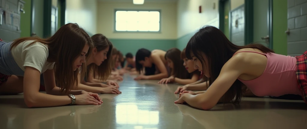 (photorealism:1.2), highschool hallway, diverse crowd of women ((16 yo/midteen girls)) crawl over each other on all fours (grapple|straddling eachother) wearing tight uniforms ((small plaid microskirts)). Their eyes are wide open and gaze aimlessly - their expressions slacked-jawed and salivating too such extent as to be visible to the POV. Some press their mouths|cheecks together ((tongues))|posteriors while the others gaze vacantly in their direction. Tiny beads of sweat trickle down their skin. In a dreamlike euphoria, they arch their backs ((exhibiting their curves and creases)) and rest their heads on the floor. One of the females looks directly at the POV with pure instictual want ((desire2:0)).

Beautiful female teachers ((age30|35:1.0) with shapely physiques crawl beside them while discarding layers of their once professional attire.