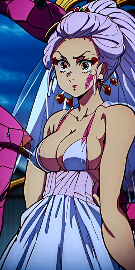 Daki ,best quality,cityhunt3er, ponytail, Gurwitz, pillory, Head flail, hand flail, flail,(bridal veil:1.5), (short sheer veil:1.5) Blushing face, Head flower,headgear, (tube top wedding dress:1.5),(Silk dress:1.2),(Strapless wedding dress:1.5),Bouquet,pure white dress,necklace,earrings,(large breasts:1.3),Deep V peach heart collar wedding dress,Bangs,lipstick,(lace gloves:1.3) ,Bust photo, High detail RAW color art, Tyndall phenomenon