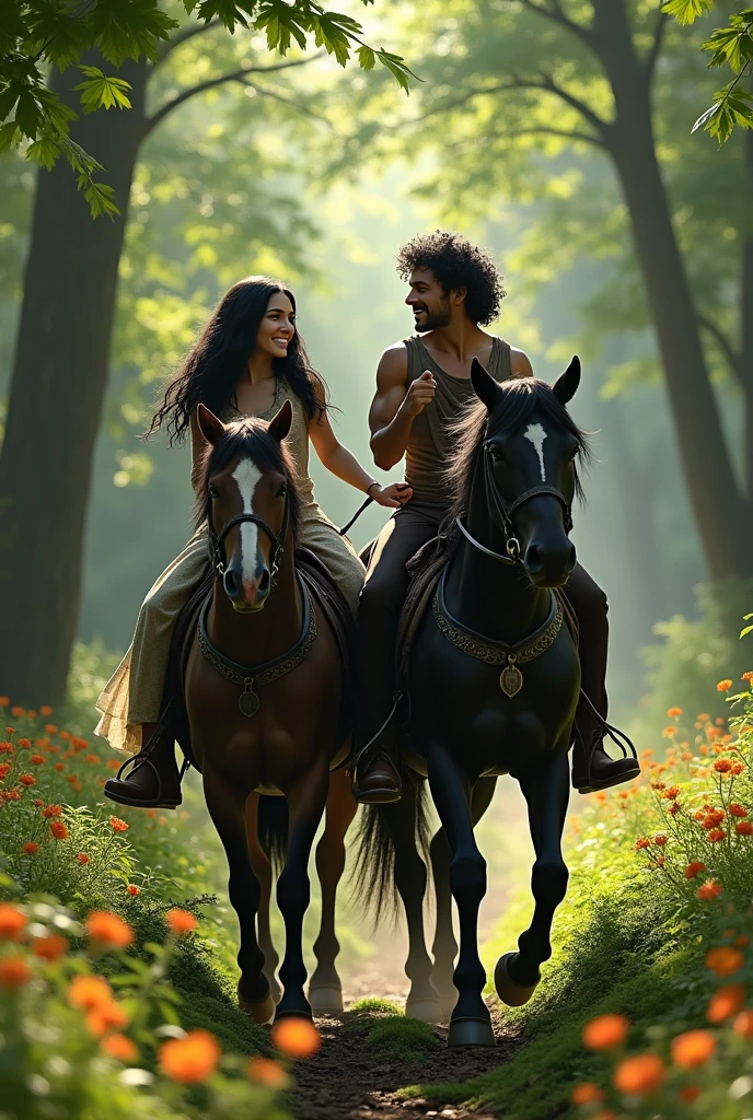 a dark-haired nymph with straight black hair and a dark-haired man with curly hair riding on horses in the forest