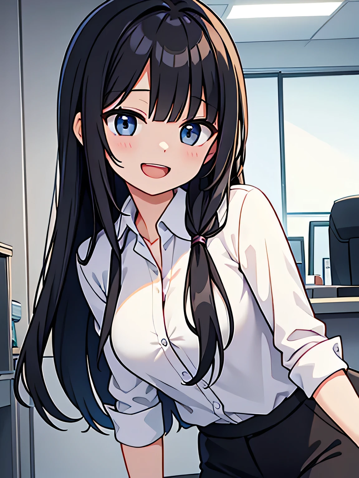 suit、White Shirt、woman、Black Hair、laughing、office、Upper Body