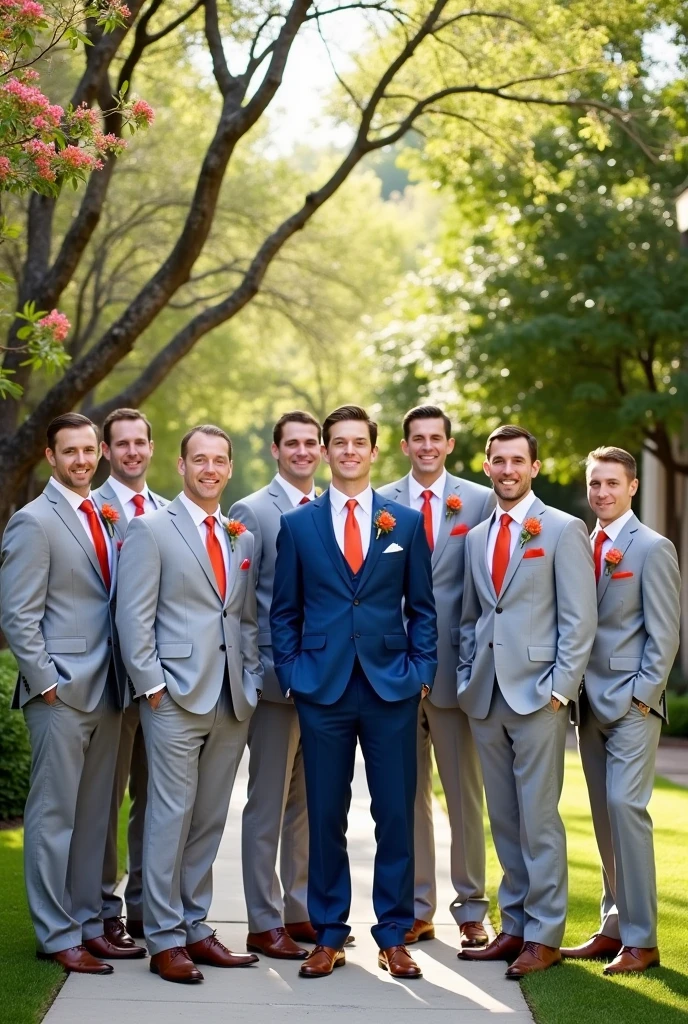 7 groomsmen in light gray suits and terracotta-colored ties and the groom in blue suit in the middle