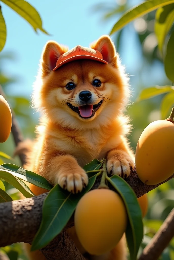 Make a drawing half Chow Chow and half pinscher on top of the mango tree with the cap backwards