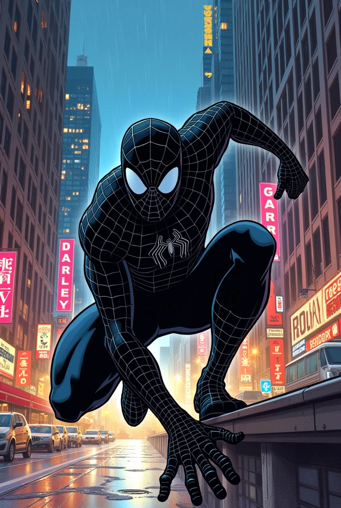 spiderman with the symbiote suit, but let it be with the same suit from the comics( that his face can be seen, with 90s comic style)