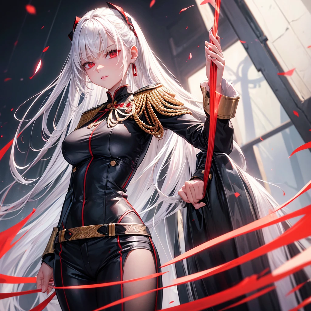 Beautiful Chiss lady, White hair, length hair,Breast size, black red uniform, rock, Lead the Belt, friendly look, good quality, light background, discreet rank insignia, V-neck, erotic, red ribbons in hair, 4K, red eye,