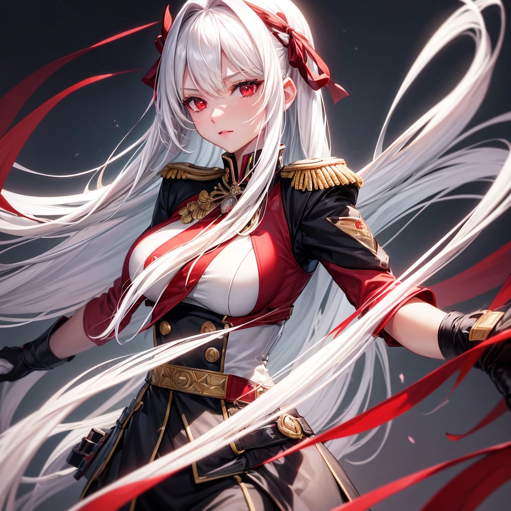 Beautiful Chiss lady, White hair, length hair,Breast size, black red uniform, rock, Lead the Belt, friendly look, good quality, light background, discreet rank insignia, V-neck, erotic, red ribbons in hair, 4K, red eye,