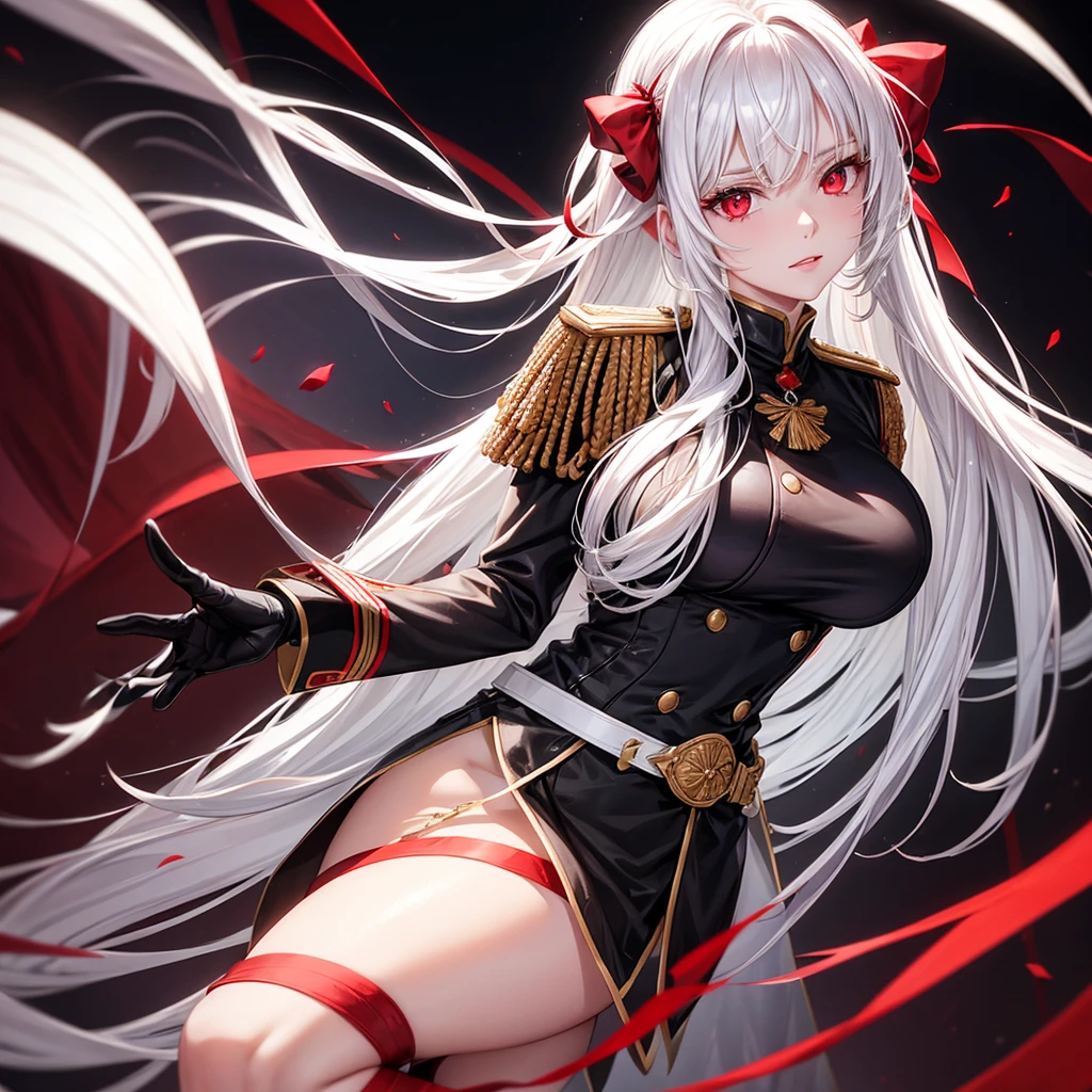 Beautiful Chiss lady, White hair, length hair,Breast size, black red uniform, rock, Lead the Belt, friendly look, good quality, light background, discreet rank insignia, V-neck, erotic, red ribbons in hair, 4K, red eye,