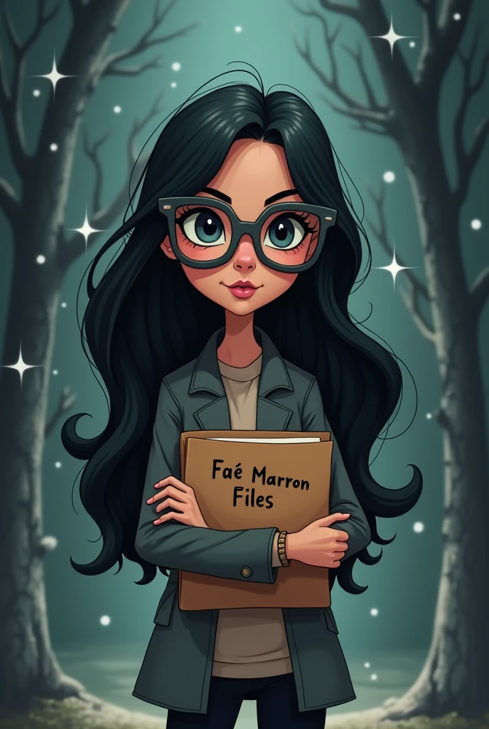 A girl with long dark hair, grey glasses, cool skintone, dark eyes hold a brown file and the file has 'Fae Marron Files' on it. Make it cartoonish theme and cute. Crime and dark background
