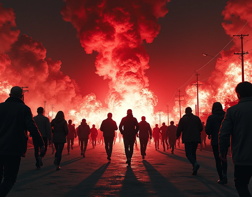 People screaming in terror, due to the effects of napalm. In the scene you can see people running and screaming, explosions, fire. Images in black and white, but highlighting the fire in red. The style of the image must be comic noir type.
