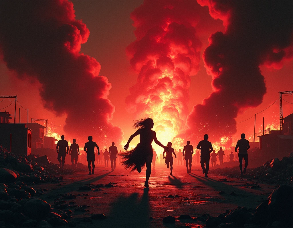 People screaming in terror, due to the effects of napalm. In the scene you can see people running and screaming, explosions, fire. Images in black and white, but highlighting the fire in red. The style of the image must be comic noir type.