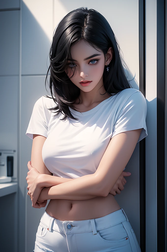 A tall handsome young man with black hair, with short black hair, short bangs, blue eyes, he is wearing a white T-shirt and white jeans, he hugs an incredibly beautiful tall black femme fatale young black woman with a very long haircut standing next to him, she has dark blue eyes, She is wearing a simple black dress. Masterpiece, perfect image, realistic pictures, detailed face study, full-length image, 8k, detailed image. an extremely detailed illustration, a real masterpiece of the highest quality, with careful drawing.