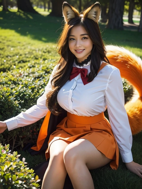 ((Highest quality, 8k)), ((masterpiece)), (Highest Resolution), Perfect Face, Fox Woman, Female college student, Beautiful woman, Outdoor, Only one tail, she has thick thighs, Her large tail, She has an orange fox tail, She wags her tail, Smiling with teeth showing, Fur collar, She's wearing a shirt and a short skirt., Plump Breasts, Beautiful Hips , A fox tail sticks out from the skirt.