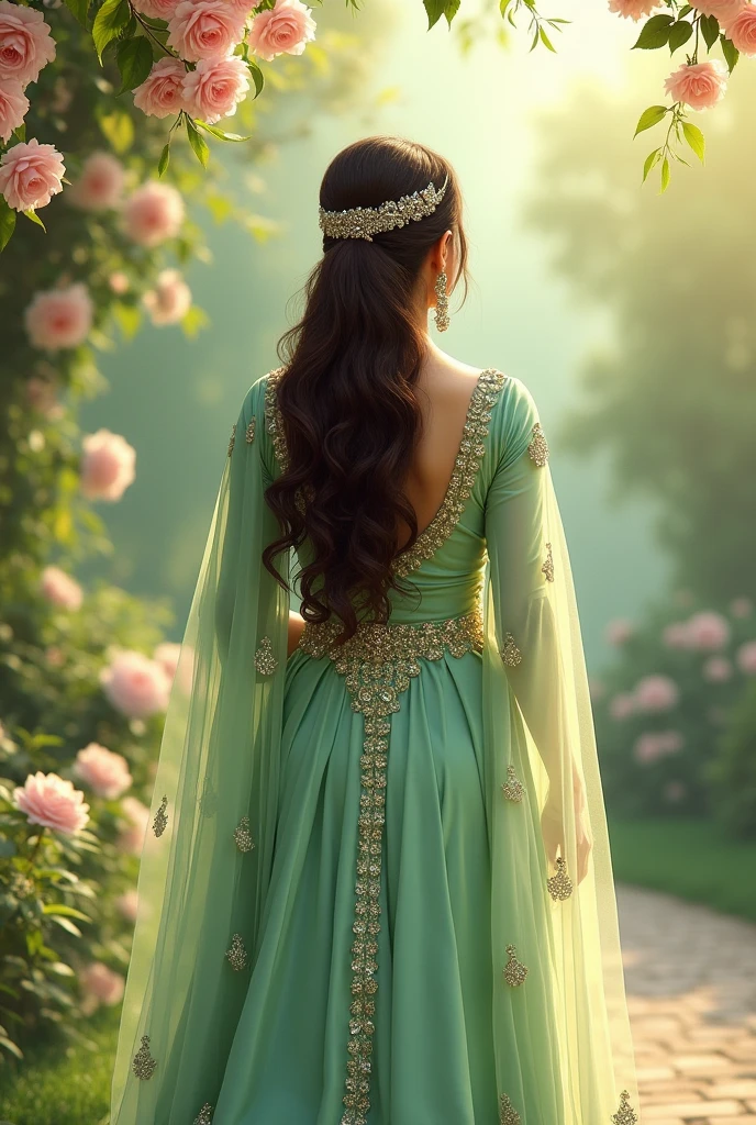 Full Illustration of a Pakistani nikkah bride in pistachio green outift in open hairs

Illustration from her back 
