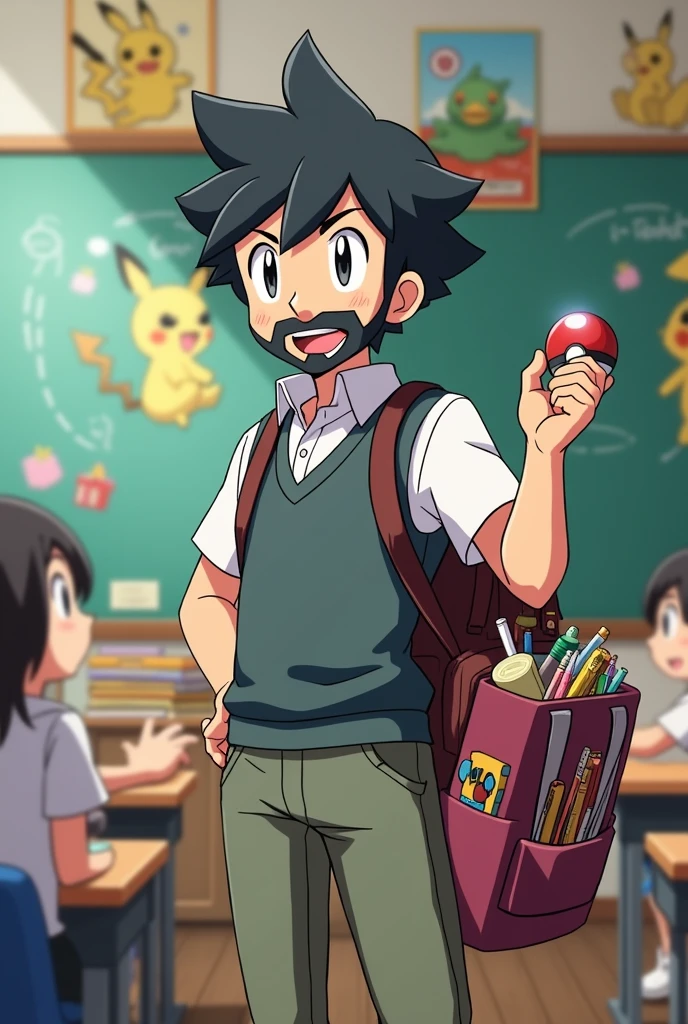 pokemon anime Style, Short black hair teacher with full beard and mustache, right hand lifting and holding a pokeball. Left hand holding books and a bag on the right leg with school supplies, School. Wide image
