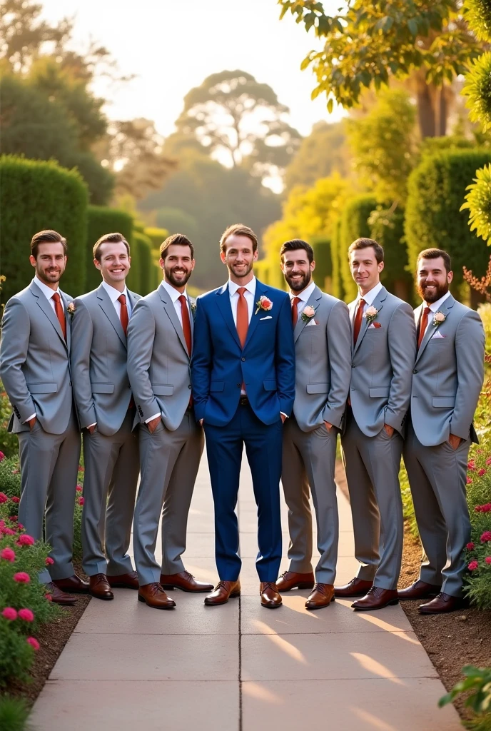 6 groomsmen in light gray suits and terracotta-colored ties and the groom in blue suit in the middle