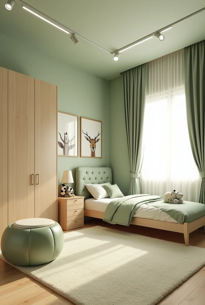 Professional 3d architecture rendering design of modern and light moss and so light Thunder and light cream and wooden Modern and minimal design for chid bedroom and light cream carpet with animals painting and white painting wall and light wooden closet with animals painting and modern ceiling lighting and modern curtains for chid room and the child bed similar globe and safety chair for chid