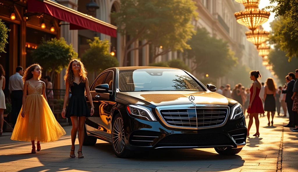An extra luxurious car Mercedes Benz S class stops in front of a very big restaurant. There are teen girls standing who are very beautiful, one of the girls is wearing a golden frock, one is black and one is red. Those girls are shocked to see that luxurious car. 