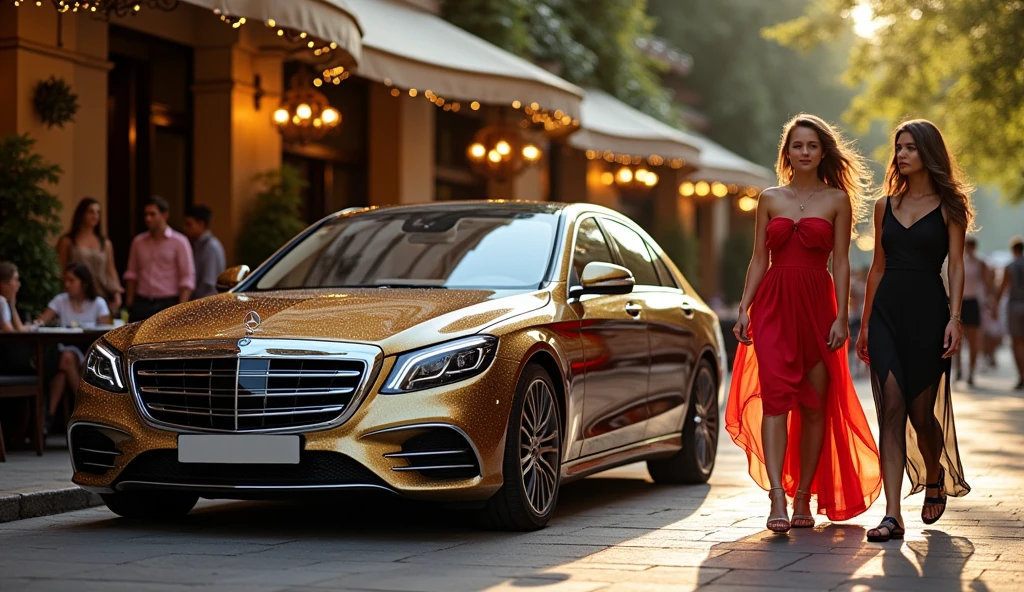 An extra luxurious car Mercedes Benz S class stops in front of a very big restaurant. There are teen girls standing who are very beautiful, one of the girls is wearing a golden frock, one is black and one is red. Those girls are shocked to see that luxurious car. 