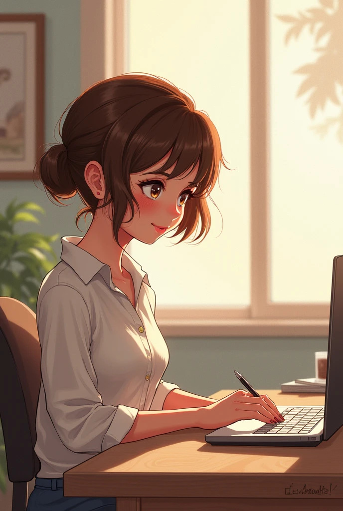 art mignon, art simple , femme, cheveux brun très court, un ordinateur sur un bureau, dessin