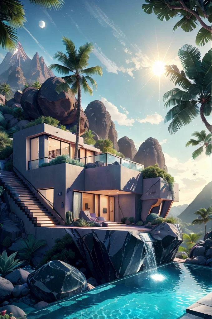small and beautiful modern house in top of big boulders, terraces, pool, stairs, multiple cacti gardens, palms, trees, rocks, beautiful landscape design, mountains and volcano y background, amazing clouds, sun, moon, planets, milky way galaxy, concrete, wood, glass and steel materials, olive green, violet, orange and withe colors in facade