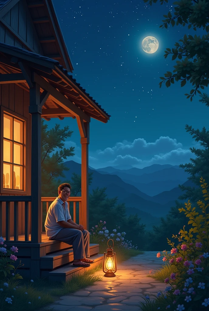 Adult boy discuss with their grand father at night in village home