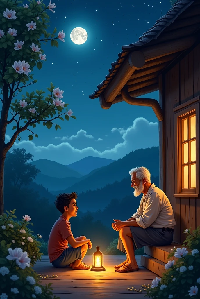 Adult boy discuss with their grand father at night in village home