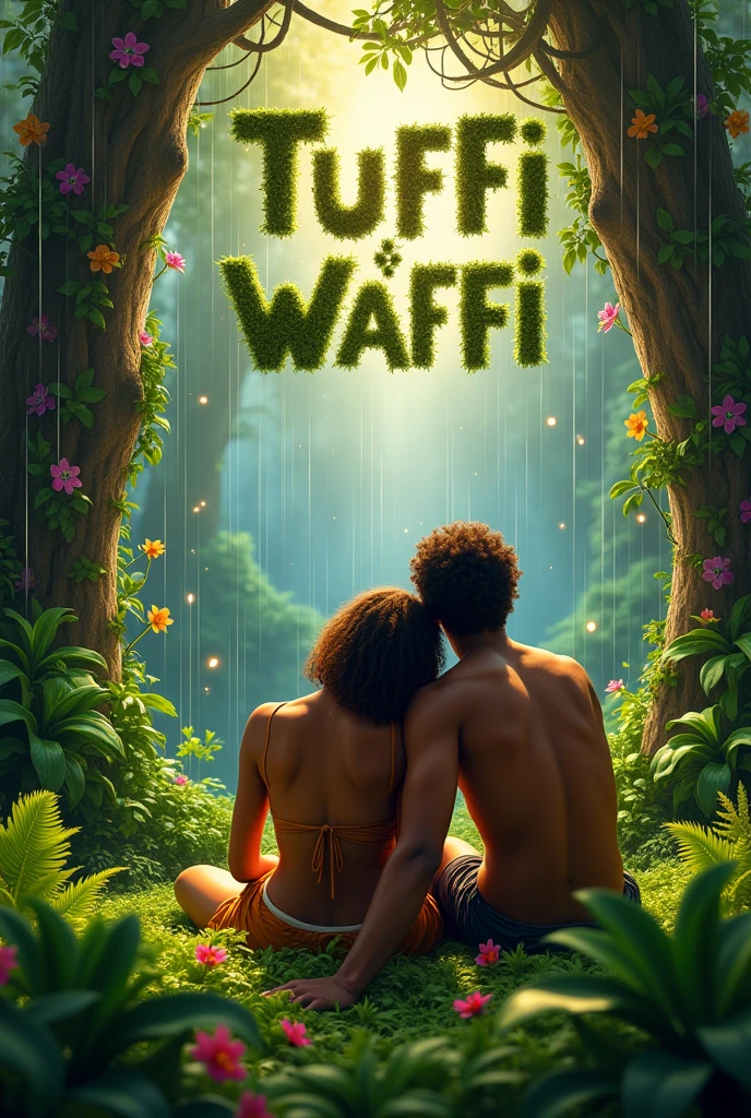 create a brown skin man and a woman sitting in the middle of the rain forest and the woman put her head on the man shoulder and the vain of the tropical forest write and forming TUFFii And WAFFii