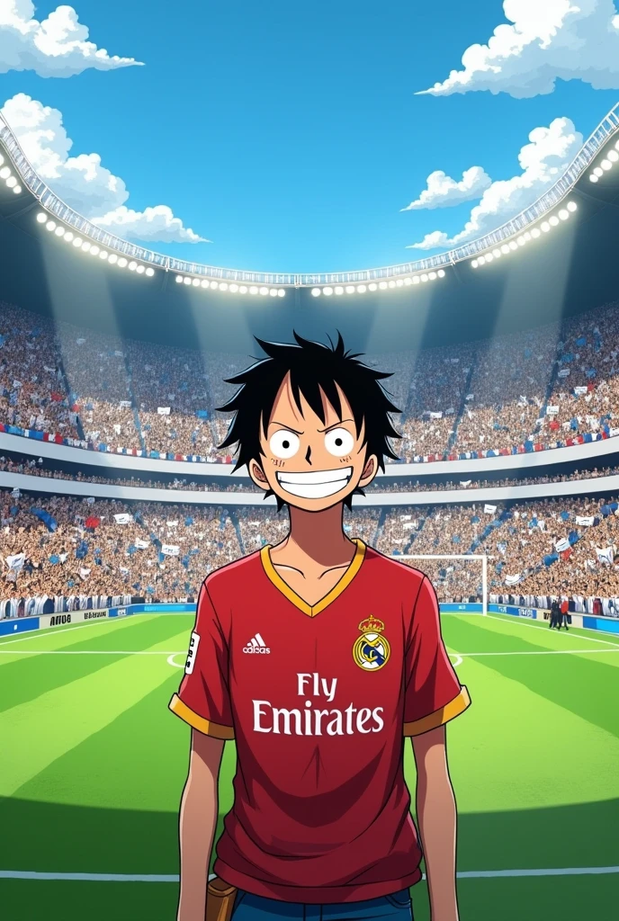 Luffy in a stadium with a Real Madrid shirt