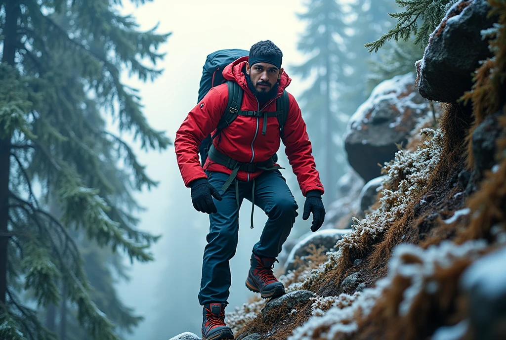 "Show Aditya climbing the rugged and steep mountain path, surrounded by dense, cold forests. The image should reflect the challenging and exhausting nature of the ascent."
