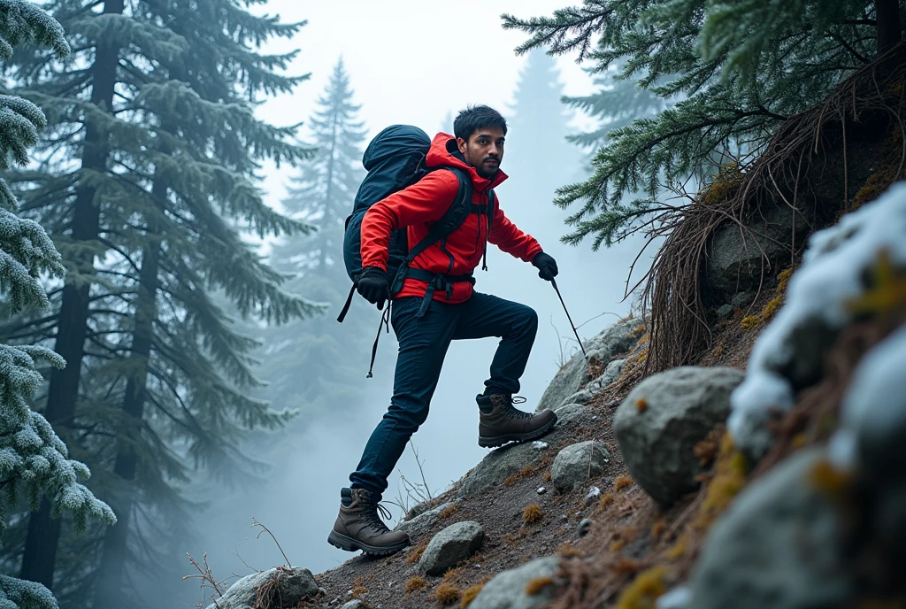 "Show Aditya climbing the rugged and steep mountain path, surrounded by dense, cold forests. The image should reflect the challenging and exhausting nature of the ascent."