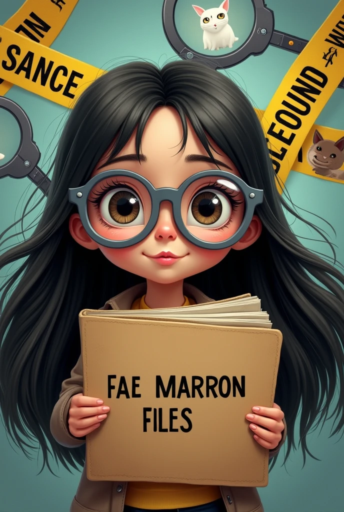 A girl with long dark hair, grey glasses, cool skintone, dark eyes hold a brown file and the file has 'Fae Marron Files' on it. Make it cartoonish theme and cute. Crime background
