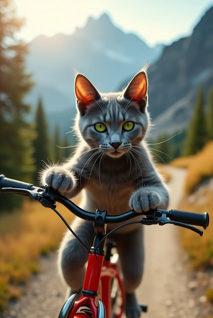 Generates a gray cat that rides a bicycle on the mountain very fast
